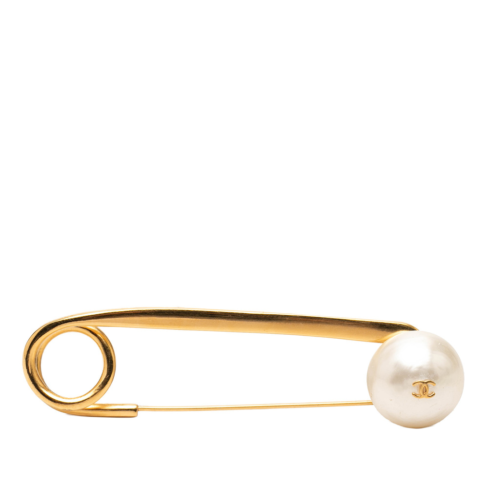 Pre-Loved Chanel CC Gold Plated Faux Pearl Safety Pin Brooch
